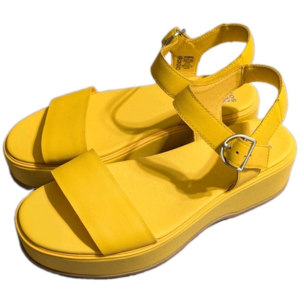 Sorel Dayspring Sandals Womens 10.5 Yellow Leather Platform Ankle Strap NL5081